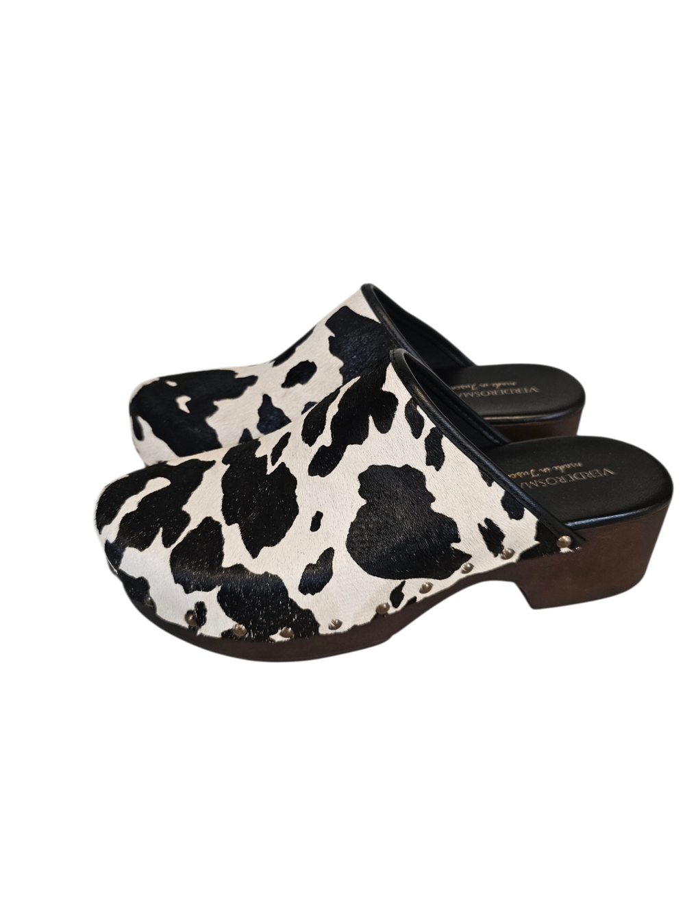 Verderosmarino Cow Print Hair Heeled Clog Mules Western Made In Italy Cowhide - Picture 4 of 9